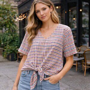 Madewell SZ M Novel Tie-Front Top in Rainbow Gingham Check